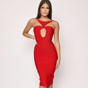NEW! DESIGNER COUTURE RED BANDAGE DRESS KEYHOLE TRIANGLE MODERN SEXY NECKLINE